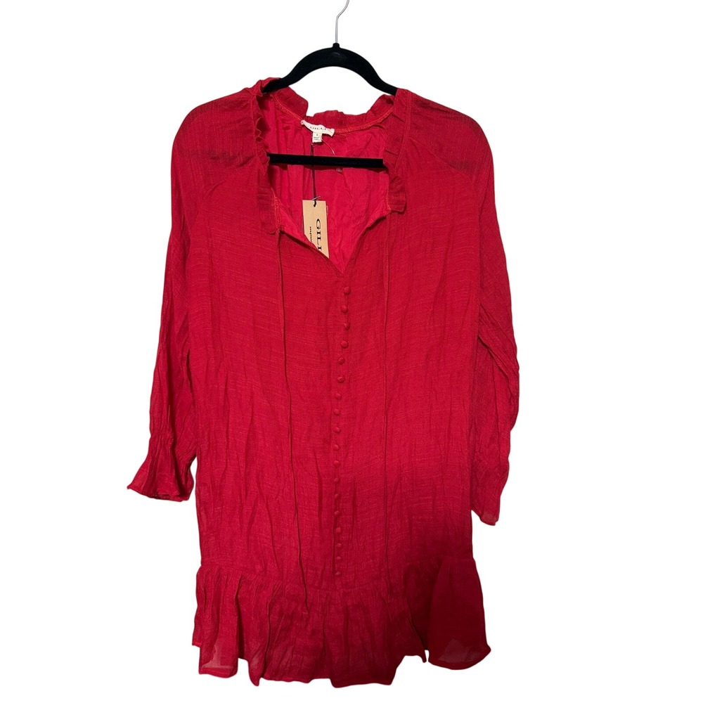 Gilli Red Ruffled Button Down Long Sleeve Mini Dress Size S